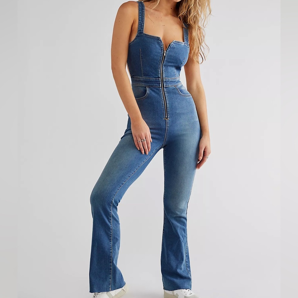 NWT Free People CRVY 2nd Ave Denim Jumpsuit Size 8